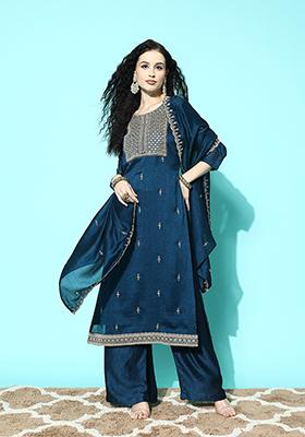 Blue Zari Sequin Embroidered Silk Blend Kurta Set