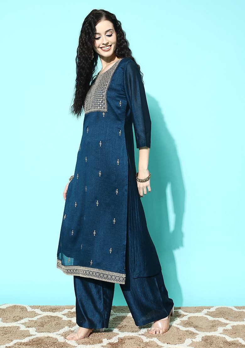 Blue Zari Sequin Embroidered Silk Blend Kurta Set