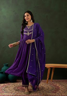 Purple Zari Sequin Embroidered Vichitra Kurta Set