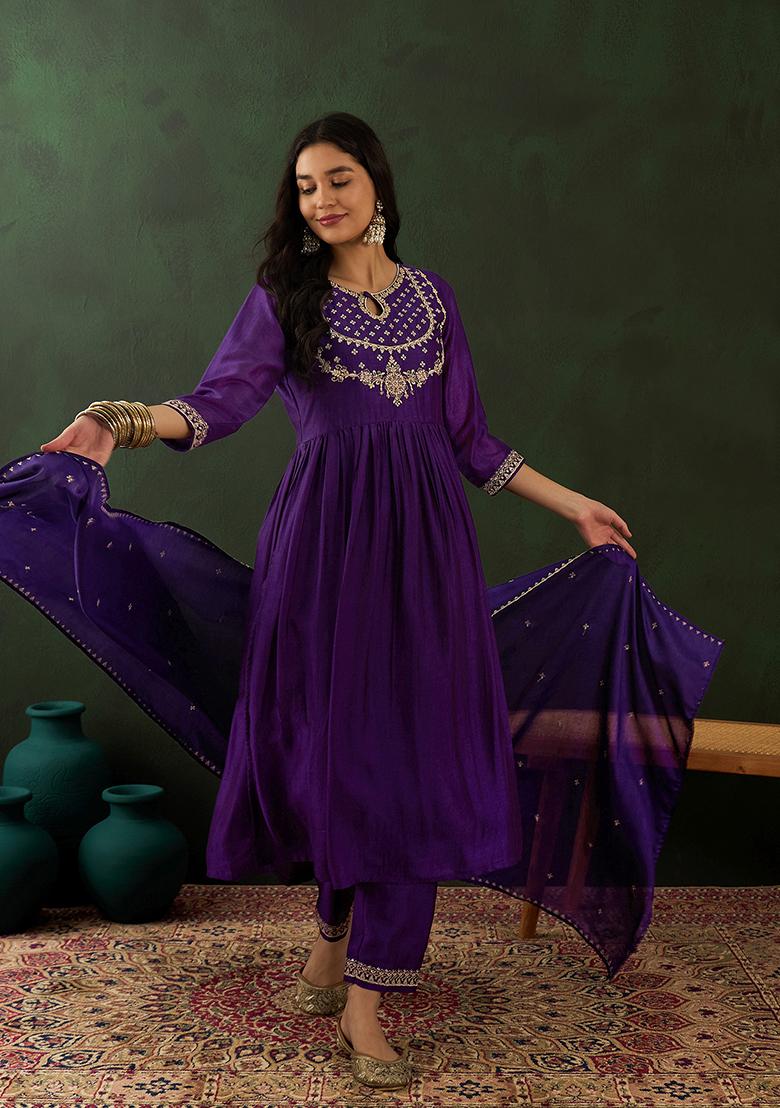 Purple Zari Sequin Embroidered Vichitra Kurta Set