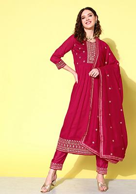Pink Zari Sequin Embroidered Silk Blend Kurta Set