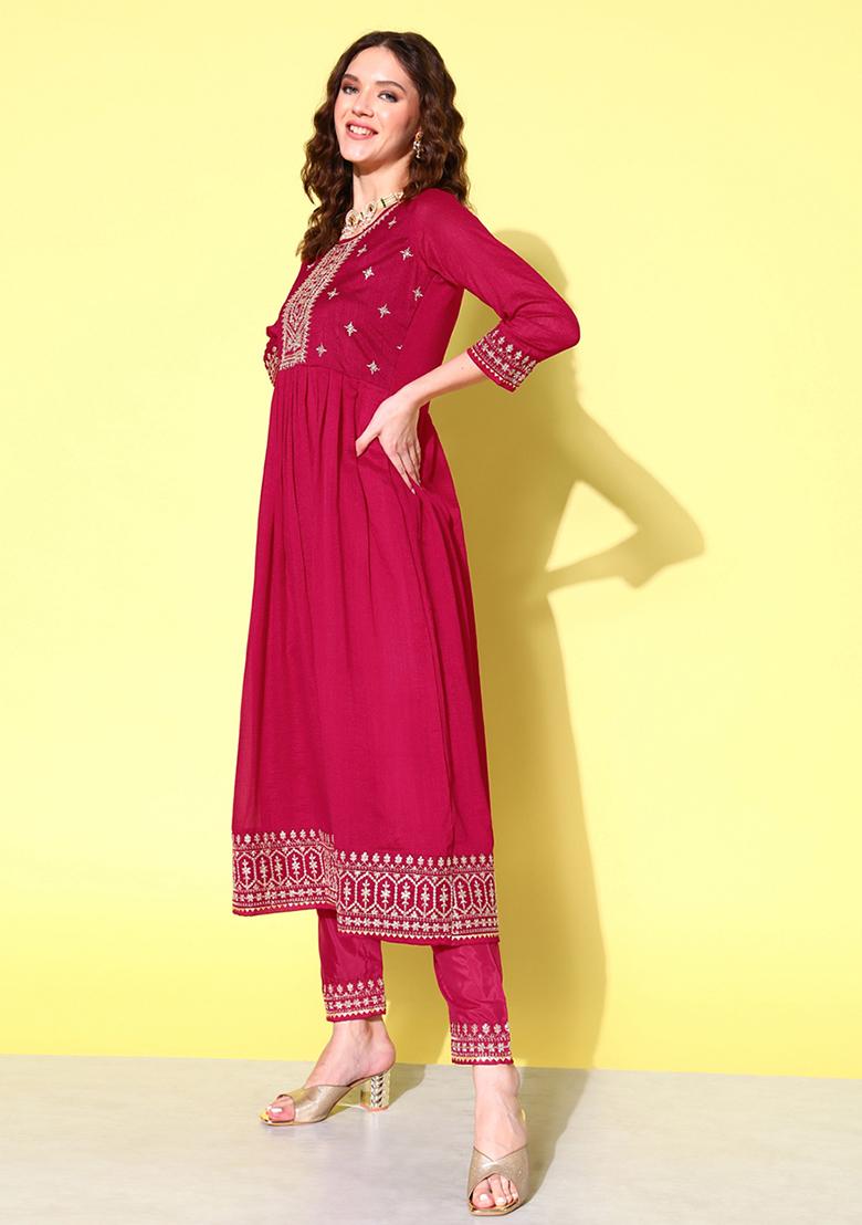 Pink Zari Sequin Embroidered Silk Blend Kurta Set