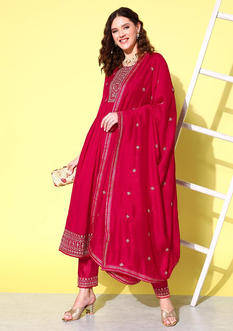 Pink Zari Sequin Embroidered Silk Blend Kurta Set