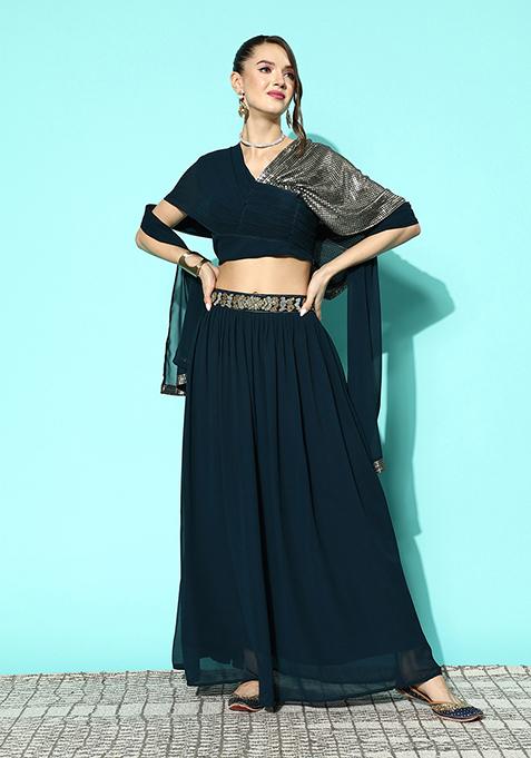 Teal Sequin Embroidered Georgette Kurta Set