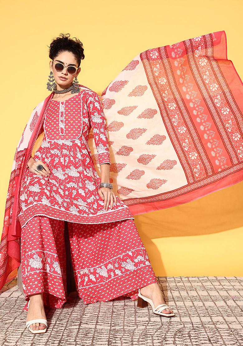 Pink Floral Print Cotton Kurta Set
