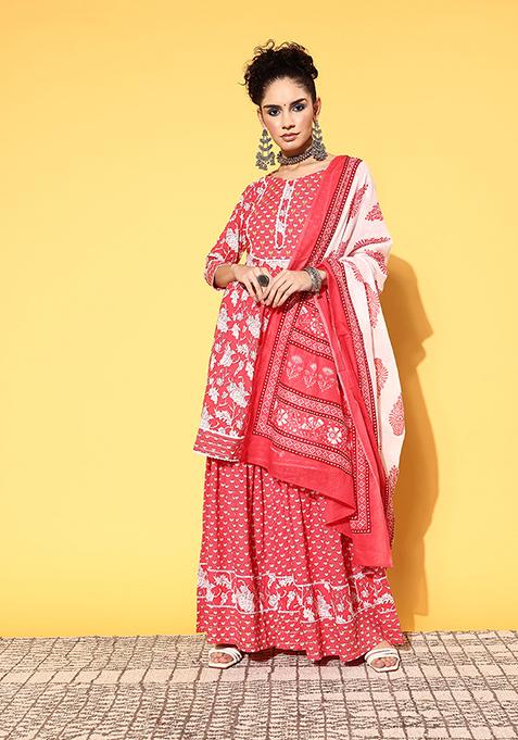 Pink Floral Print Cotton Kurta Set