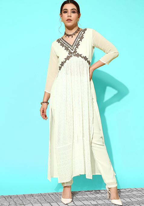 Off White Zari Sequin Embroidered Georgette Kurta Set
