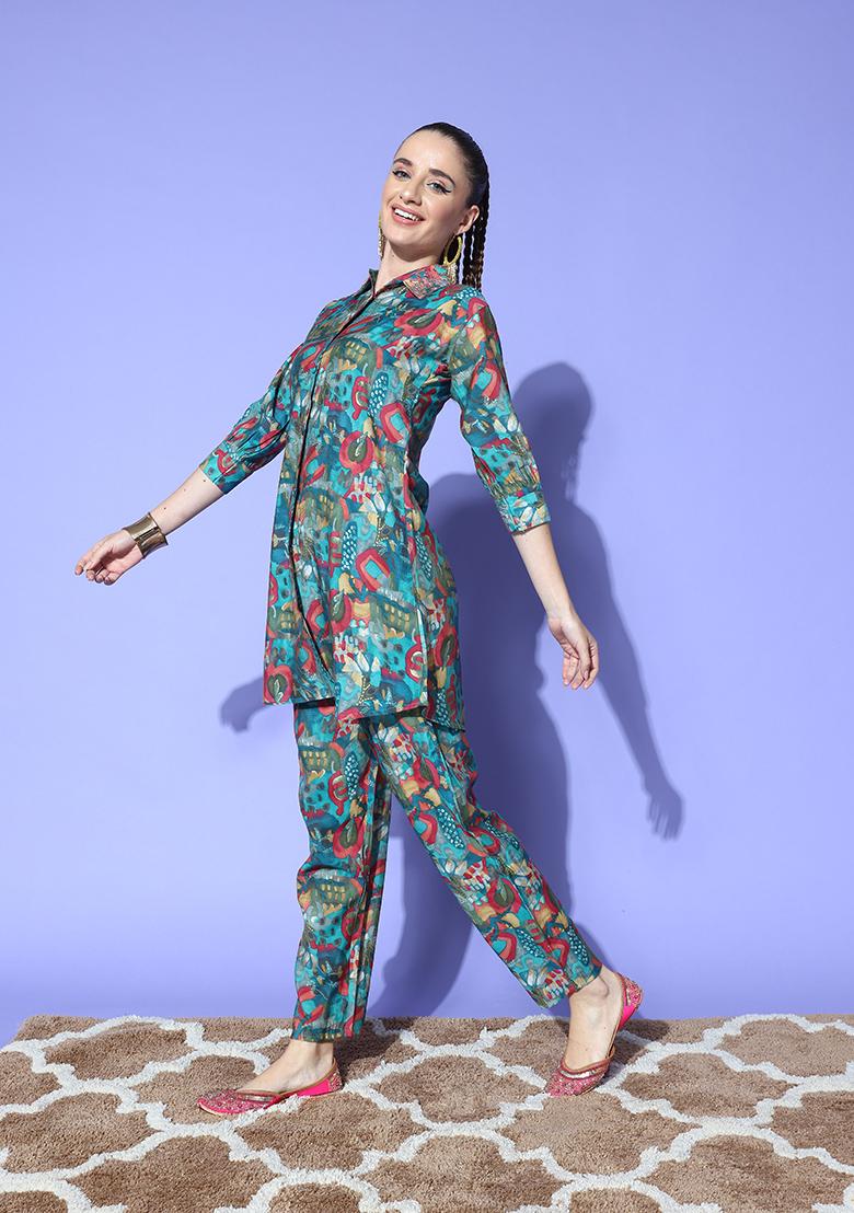 Teal Foil Print Chanderi Co-Ord Set