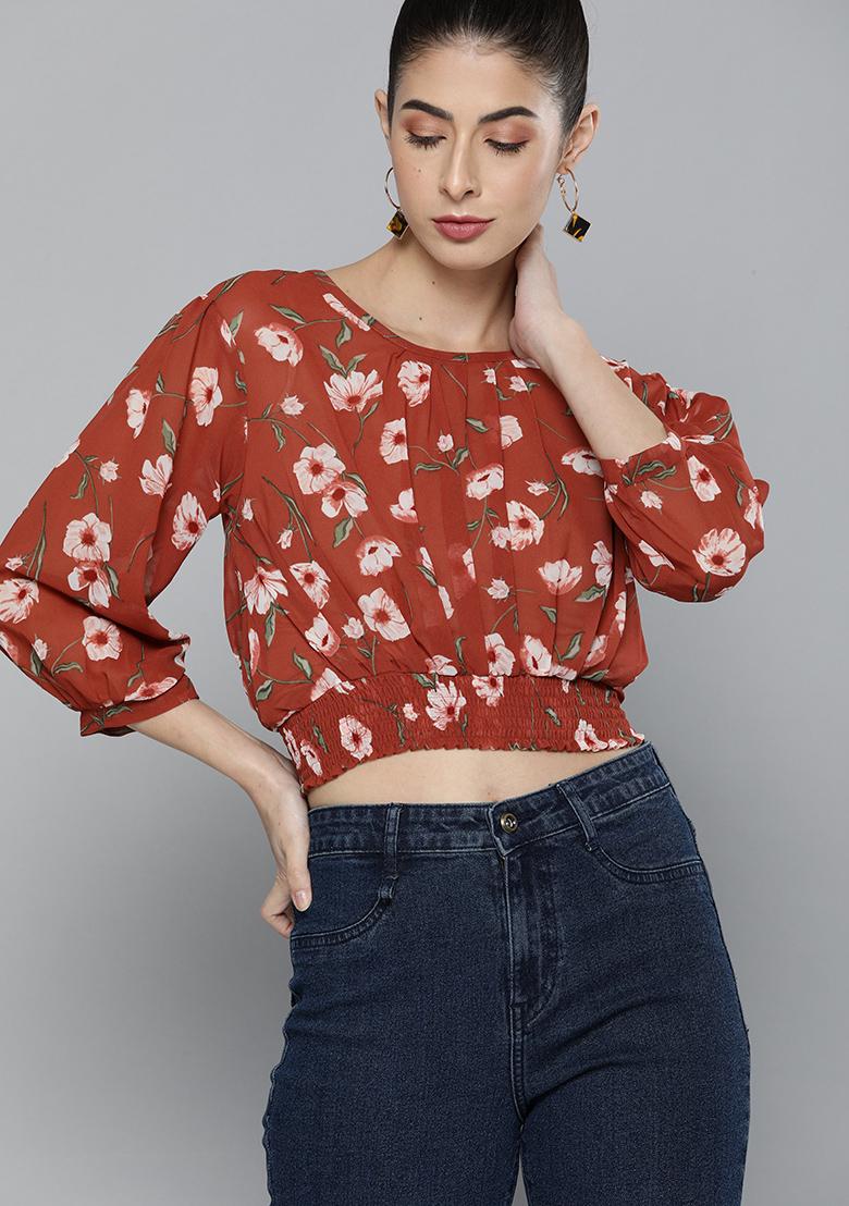 Rust Floral Print Georgette Top