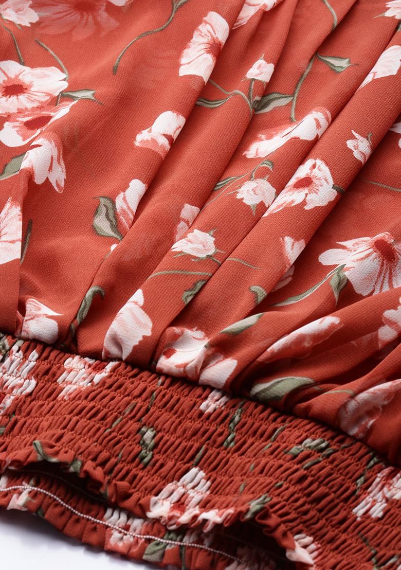 Rust Floral Print Georgette Top