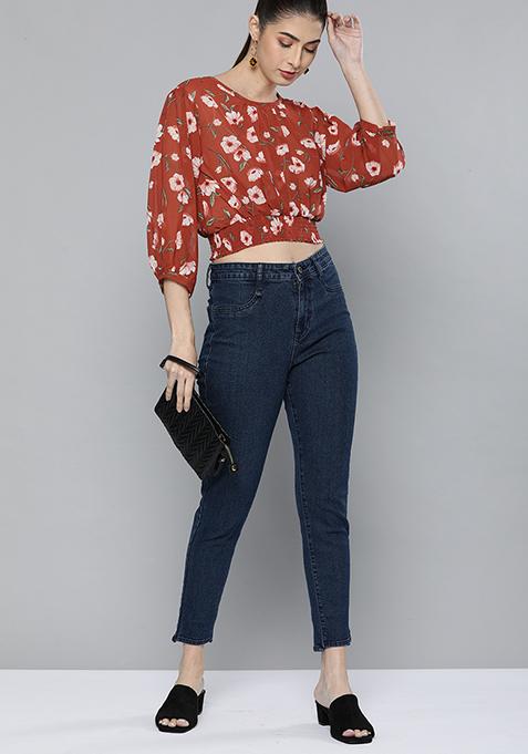 Rust Floral Print Georgette Top