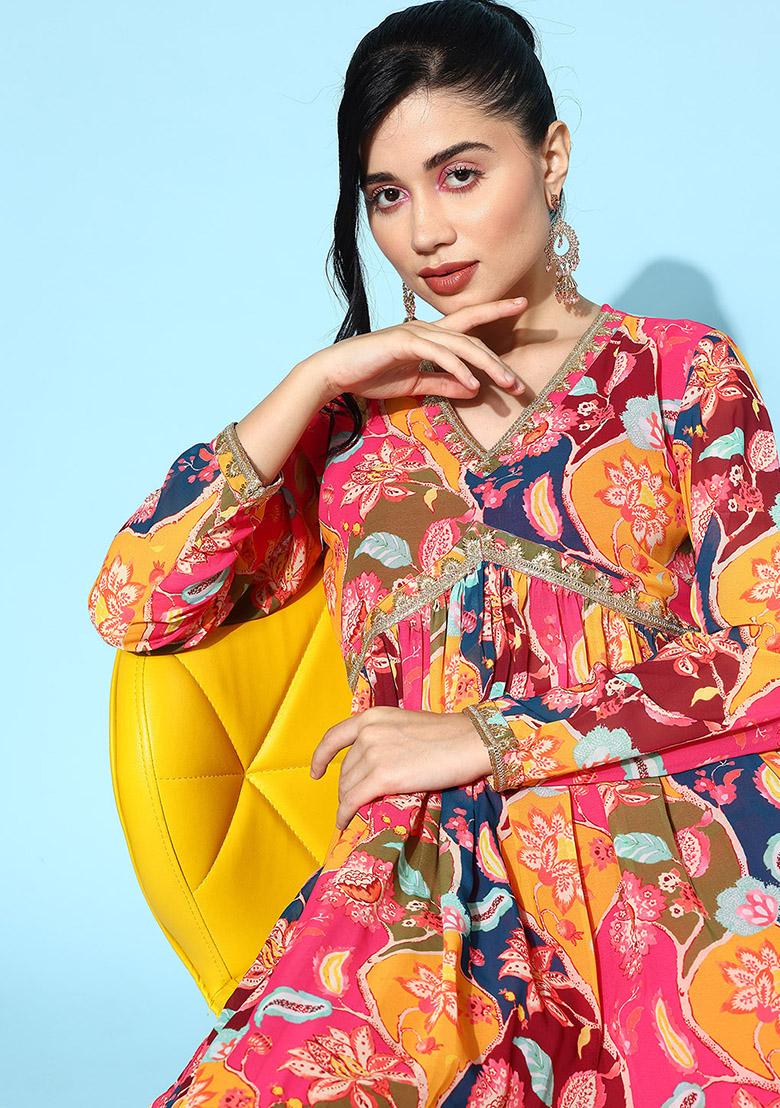 Multicolour Floral Sequin Embroidered Georgette Kurta Set - Indya