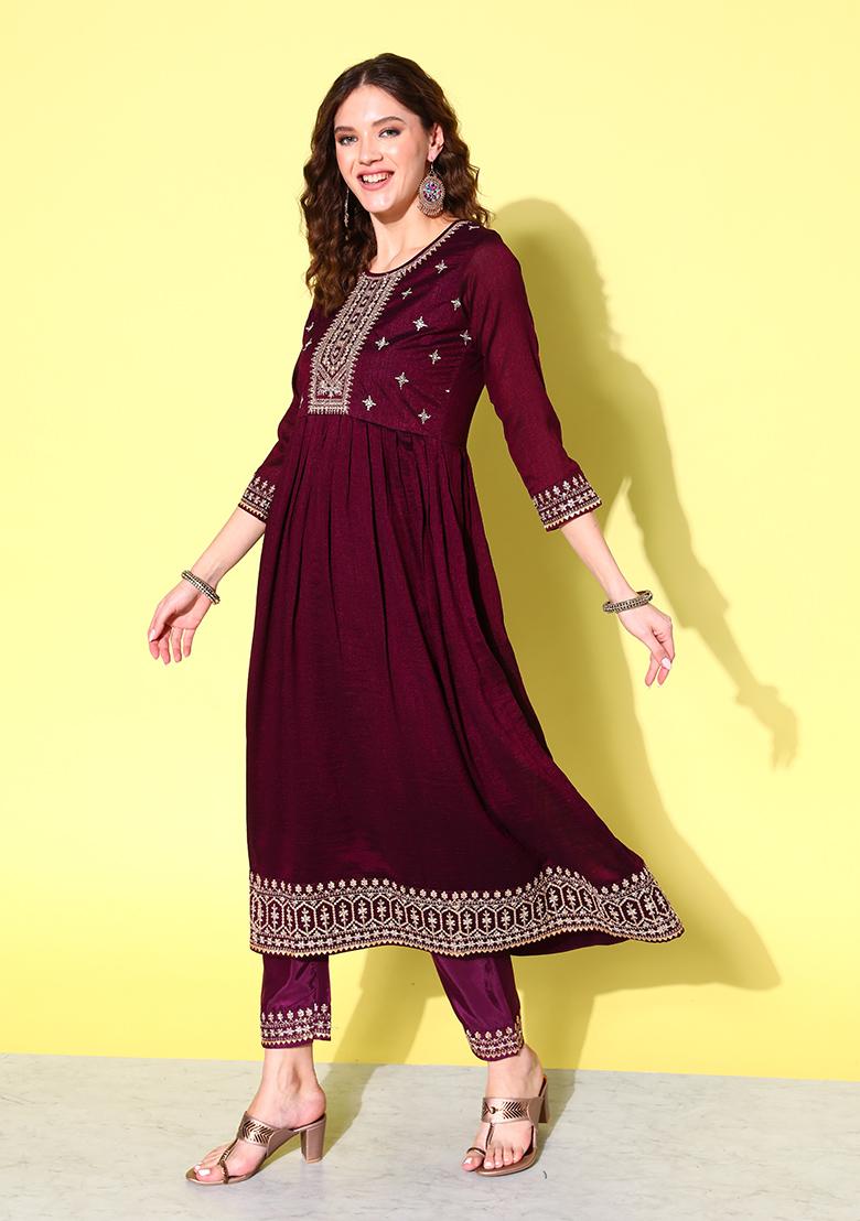 Wine Sequin Embroidered Silk Blend Kurta Set