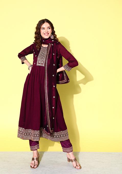 Wine Sequin Embroidered Silk Blend Kurta Set