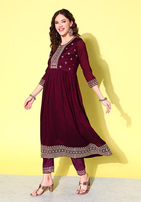 Wine Sequin Embroidered Silk Blend Kurta Set