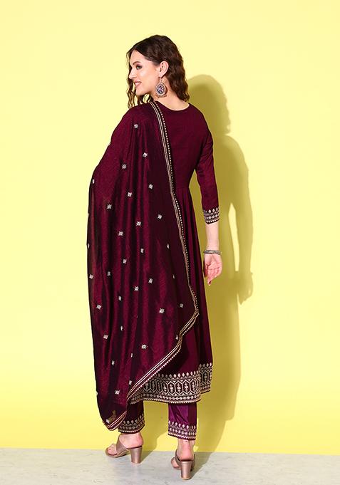 Wine Sequin Embroidered Silk Blend Kurta Set