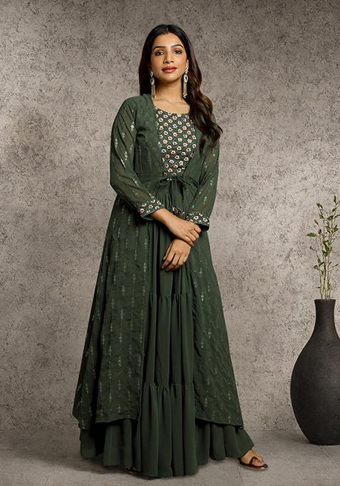 Green Embroidered Georgette Sharara Set — view on Indya
