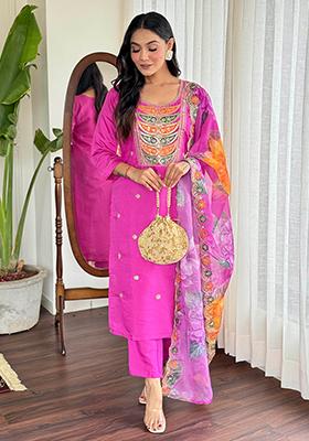 Rani Pink Thread Embroidered Viscose Kurta Set