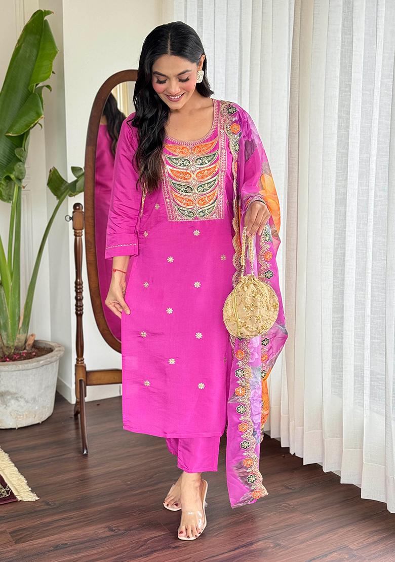 Rani Pink Thread Embroidered Viscose Kurta Set