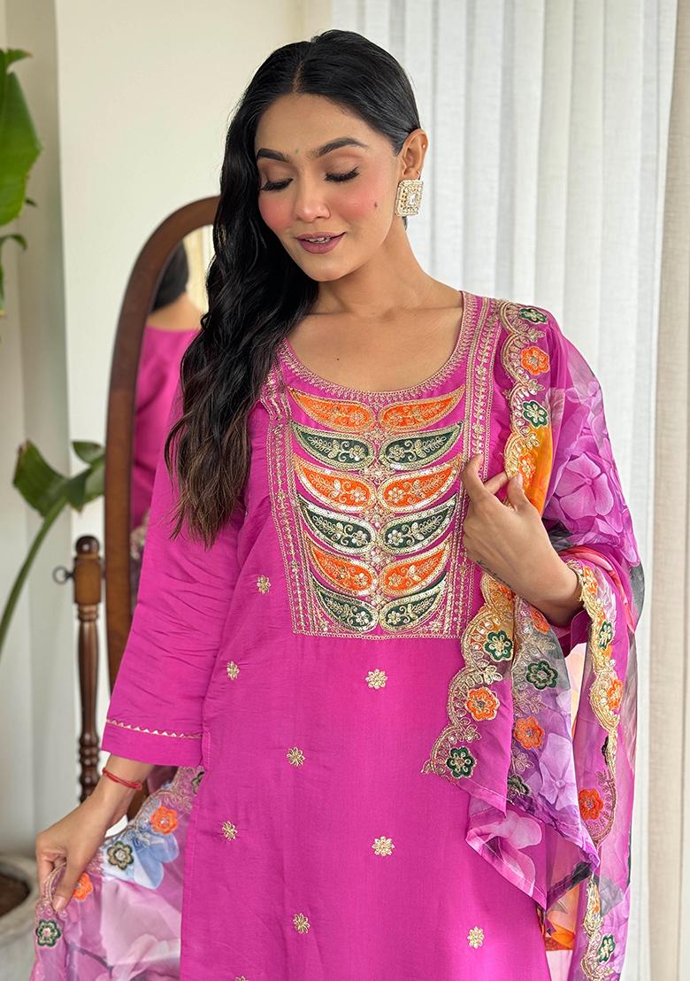 Rani Pink Thread Embroidered Viscose Kurta Set