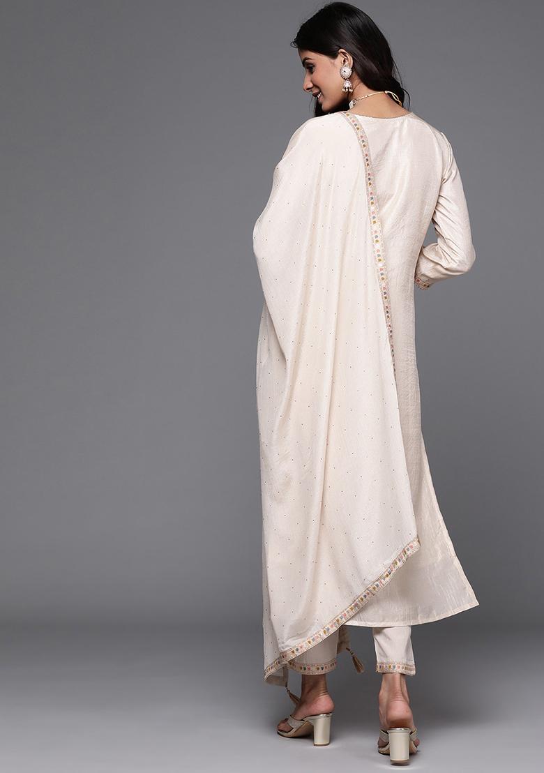 Cream Thread Embroidered Jacquard Kurta Set