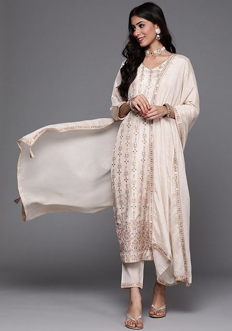 Cream Thread Embroidered Jacquard Kurta Set