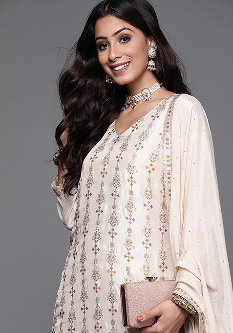 Cream Beads & Thread Work Kurta Pant Set