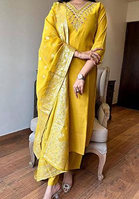 Mustard Thread Embroidered Viscose Kurta Set