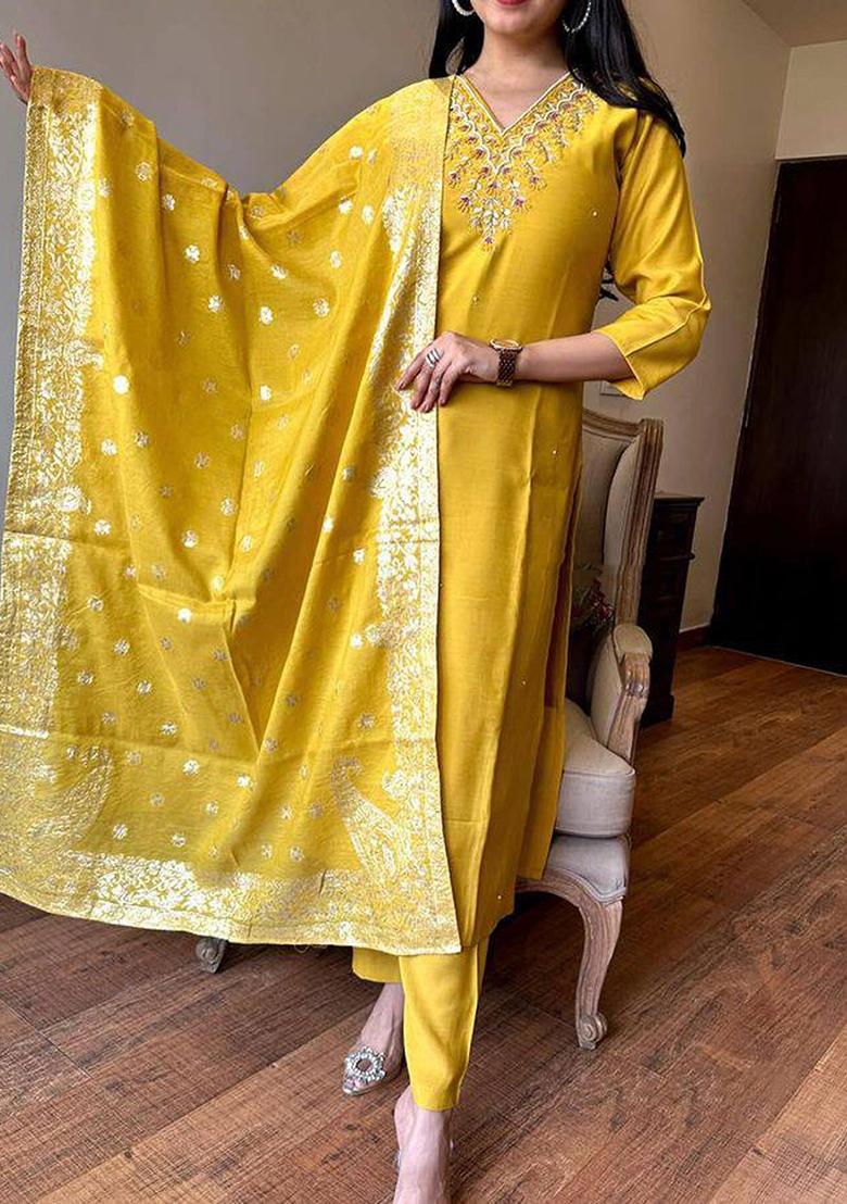 Mustard Thread Embroidered Viscose Kurta Set