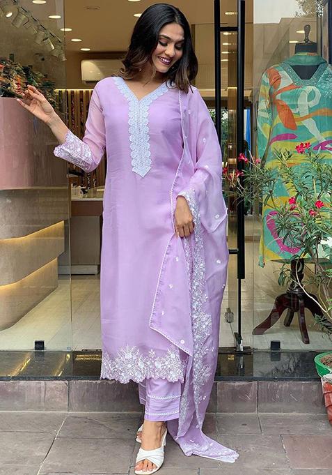 Lavender Thread Embroidered Georgette Kurta Set