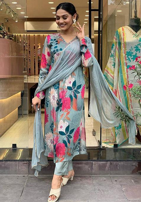 Grey Thread Embroidered Silk Kurta Set