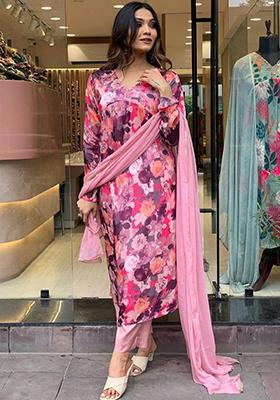 Pink Thread Embroidered Silk Kurta Set