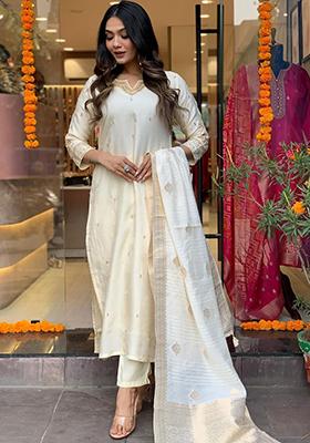 Cream Thread Embroidered Viscose Kurta Set With Dupatta