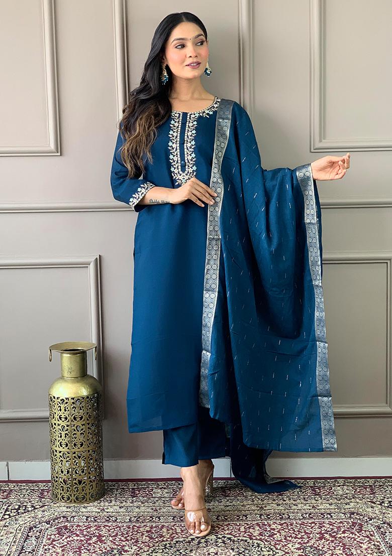 Blue Thread Embroidered Viscose Kurta Set