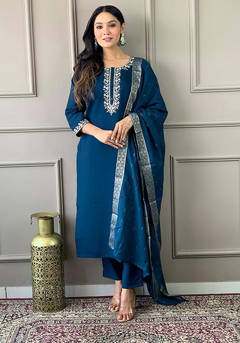 Blue Thread Embroidered Viscose Kurta Set