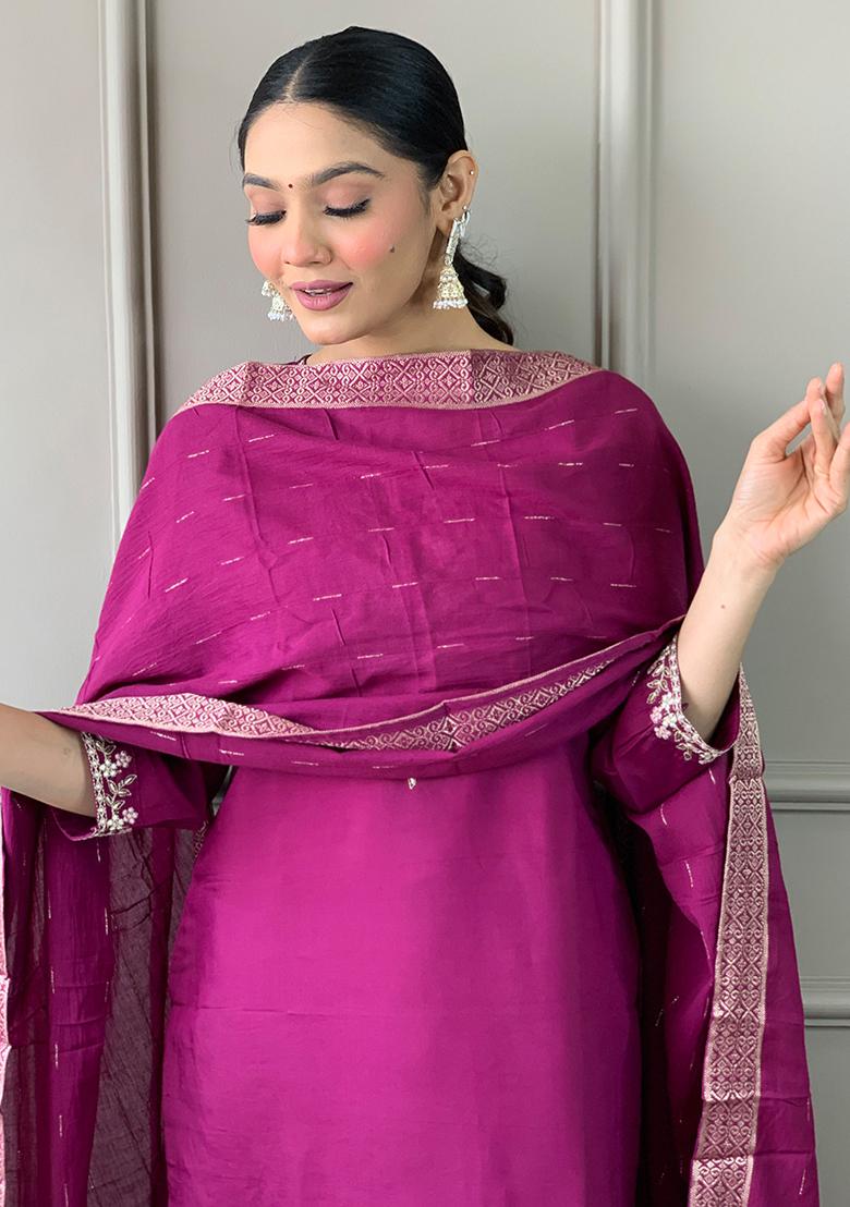 Magenta Thread Embroidered Viscose Kurta Set