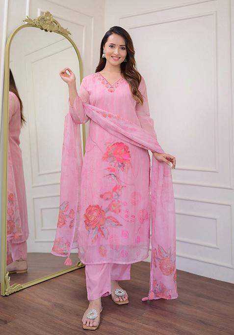 Light Pink Thread Embroidered Organza Kurta Set