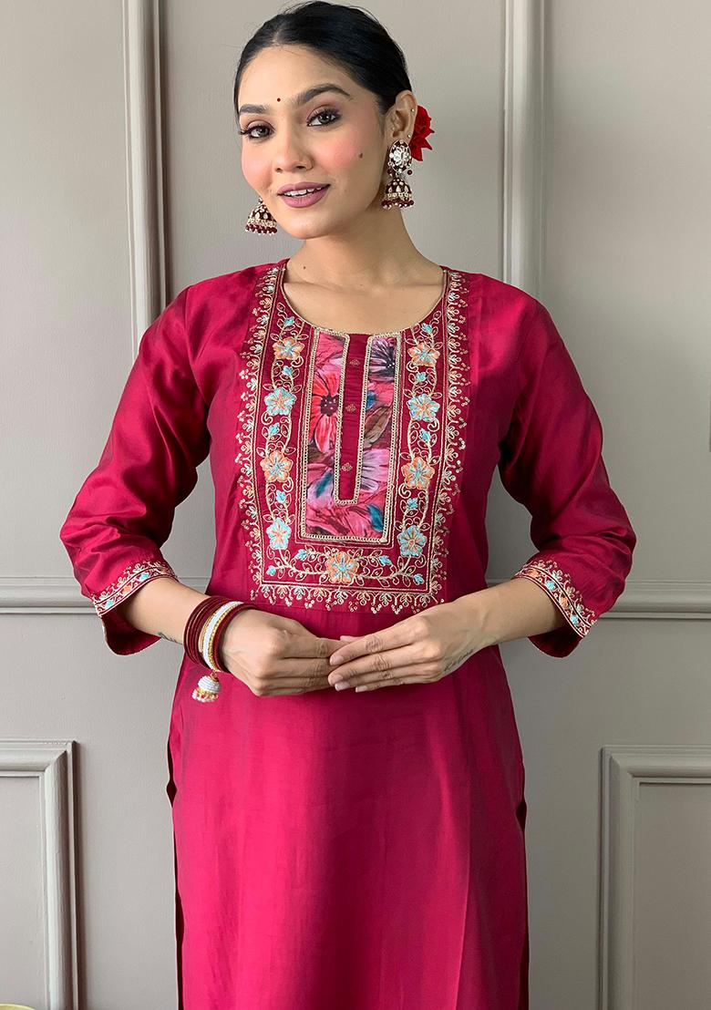 Rani Pink Thread Embroidered Viscose Kurta Set