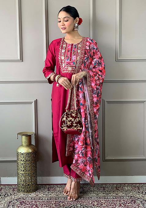 Rani Pink Thread Embroidered Viscose Kurta Set