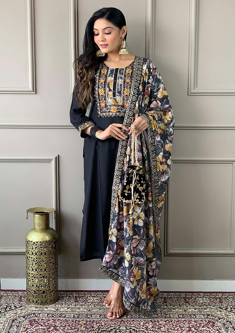 Black Thread Embroidered Viscose Kurta Set