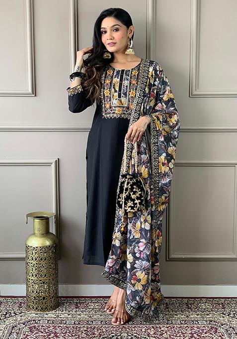 Black Thread Embroidered Viscose Kurta Set