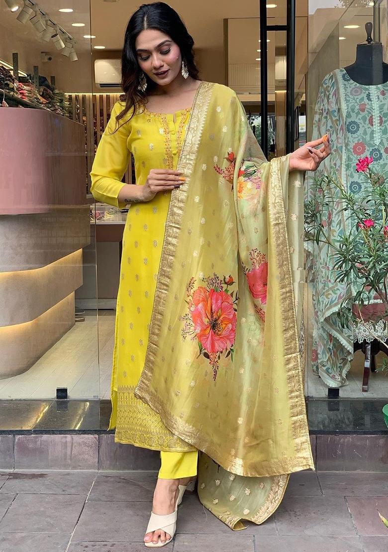 Mustard Embroidered Silk Straight Kurta Set - Indya