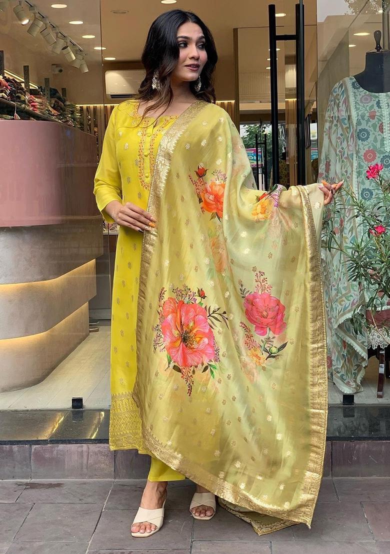 Mustard Thread Embroidered Silk Kurta Set