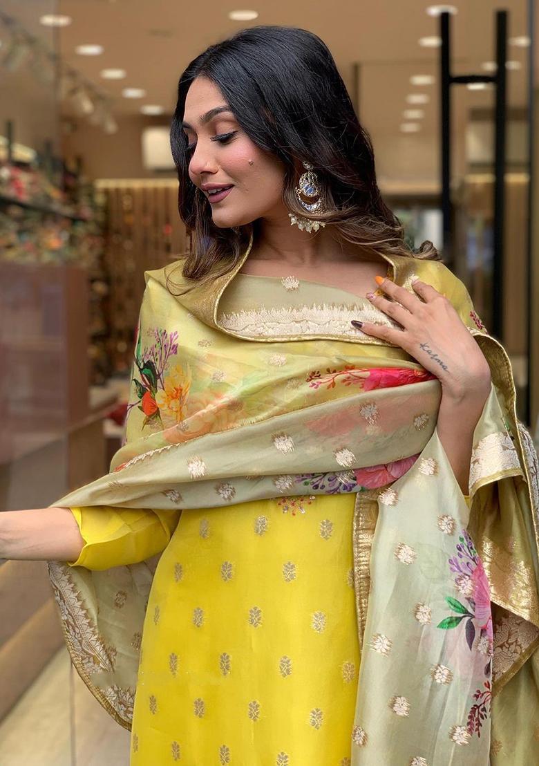 Mustard Embroidered Silk Straight Kurta Set - Indya