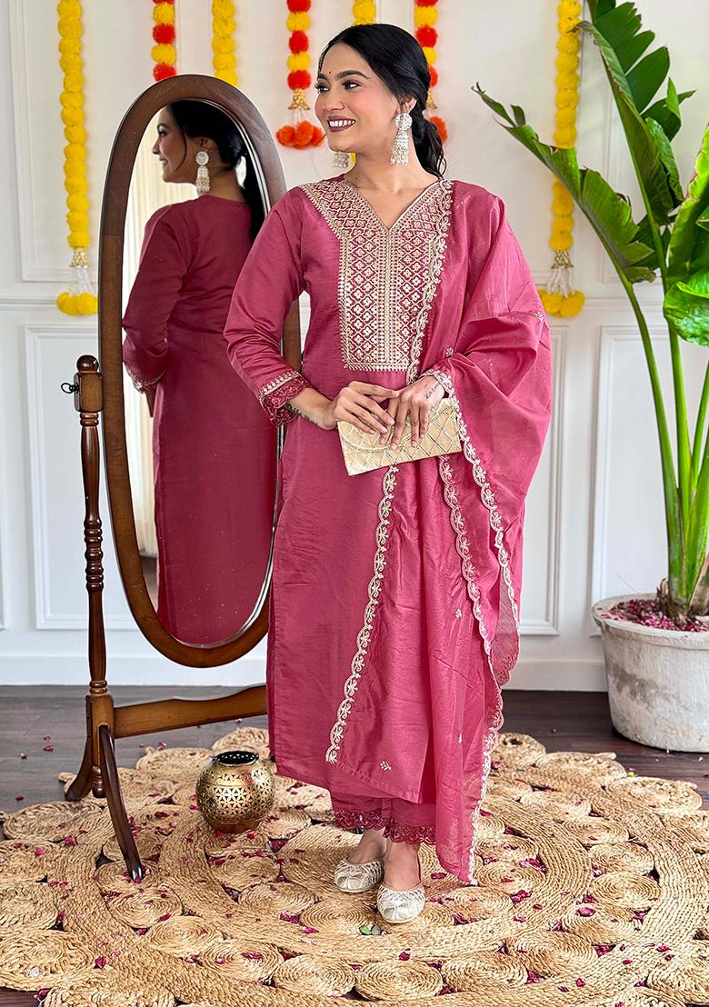Dark Rose Thread Embroidered Viscose Kurta Set