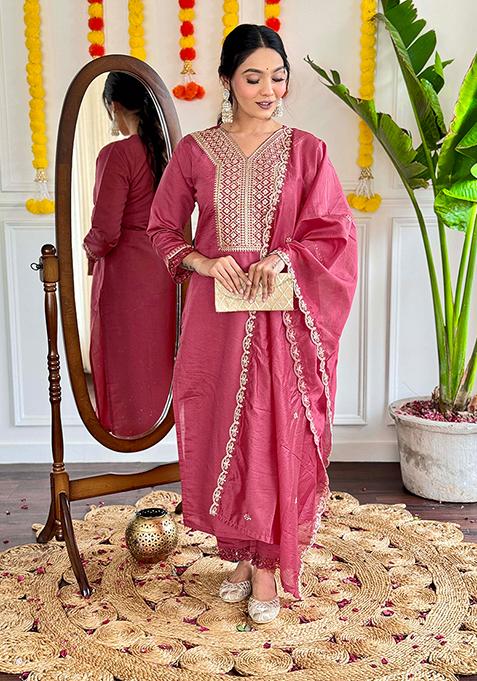 Dark Rose Thread Embroidered Viscose Kurta Set