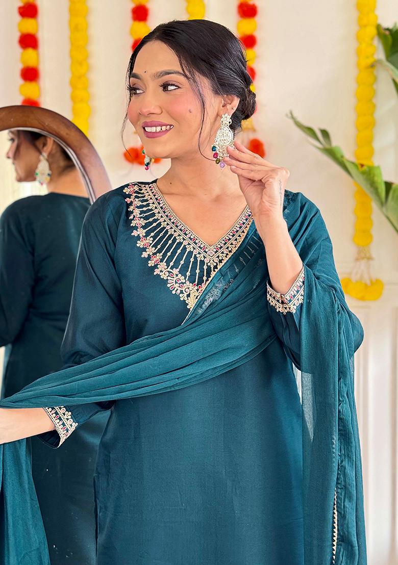 Teal Blue Thread Embroidered Viscose Kurta Set