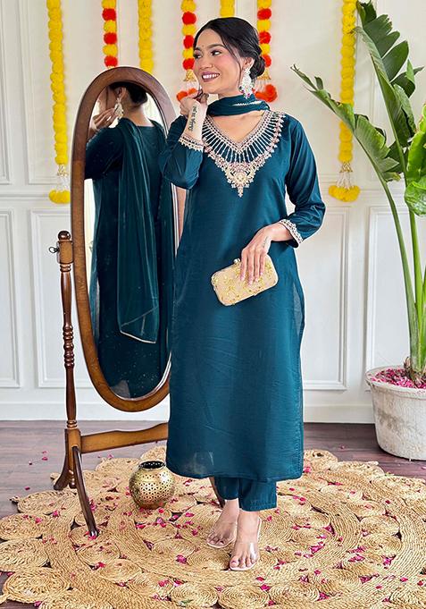 Teal Blue Thread Embroidered Viscose Kurta Set