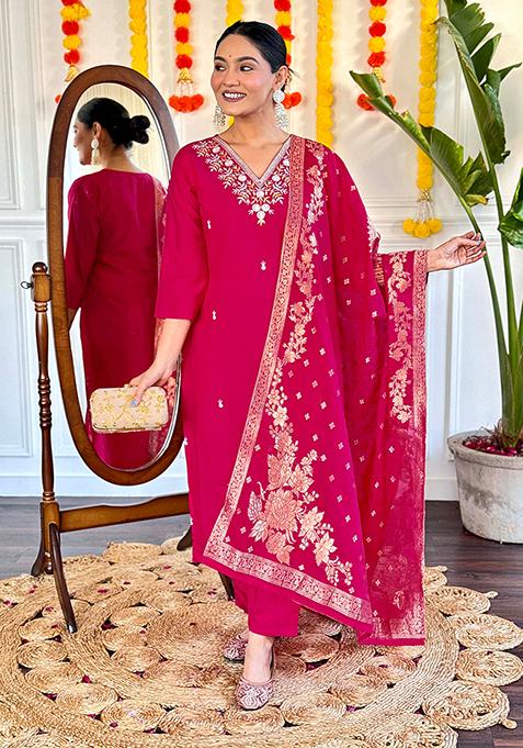 Rani Pink Thread Embroidered Viscose Kurta Set