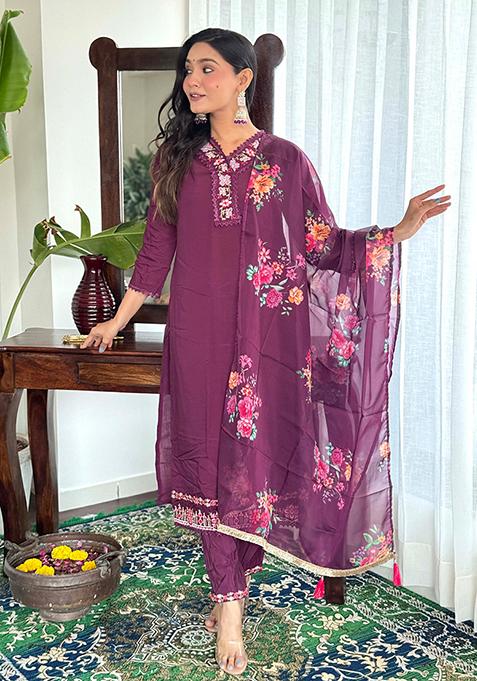 Wine Thread Embroidered Chanderi Kurta Set